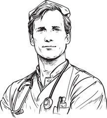 Hand Drawn Man as Nurse Black and White Avatar Illustration in Minimal Line Art Style Design