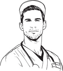 Hand Drawn Man as Nurse Black and White Avatar Illustration in Minimal Line Art Style Design