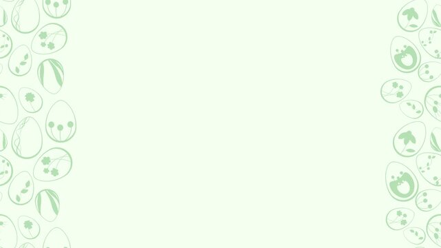 Scrolling Easter egg pattern. Green floral outlines form vertical borders, creating a frame with copy space. Seamless looping. Ideal for spring greetings and holiday projects.