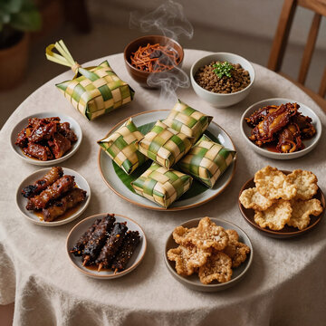 charcoal drawing eid spicy. rustic table with traditional eid food, including ketupat and side dishes, for ramadan/hari raya celebration (top view)