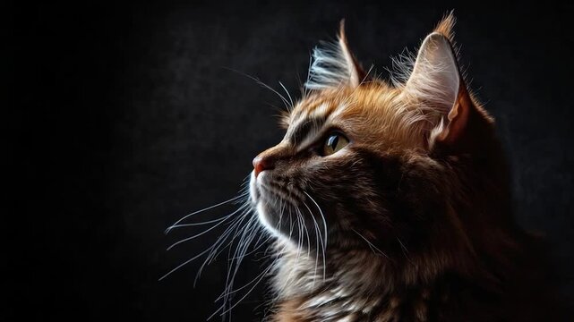 Profile of a fluffy, orange and brown cat with long whiskers gazing upwards against a dark backdrop