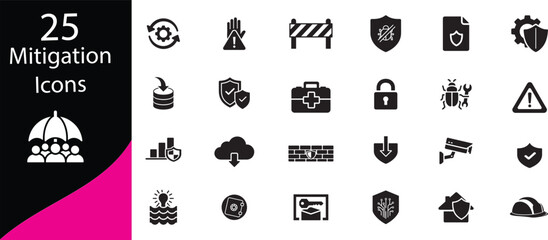 Fototapeta premium A collection of twenty five black mitigation icons displayed against a white and pink gradient background high quality professional detailed modern elegant stylish