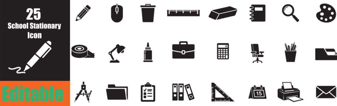 A collection of black icons representing various school and office stationery items arranged in a grid pattern high quality professional detailed modern elegant