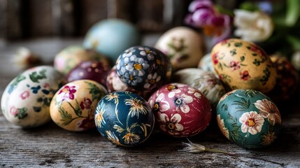 Fototapeta premium Handpainted Decorative Eggs in a Rustic Setting with Floral Designs