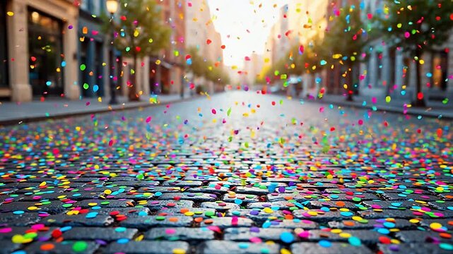 Colorful confetti on cobblestone street