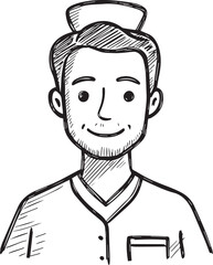 Obraz premium Hand Drawn Man as Nurse Black and White Avatar Illustration in Minimal Line Art Style Design
