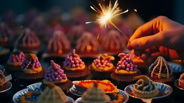 Festive cupcakes displayed with sparkling sparkler held. Macro photograph with a dreamy, romantic tone, and a celebratory atmosphere.