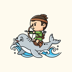 A cartoon of a human figure with a bow and arrow riding on a grey seal through ocean waves.  The background is light-tan
