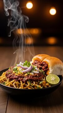 Mumbai's Misal Pav, a spicy Maharashtrian dish, served hot with sev, onions, coriander and lemon. Culinary photography, deliciousness captured.
