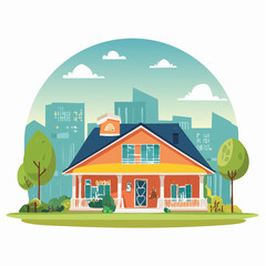 Naklejka premium Charming suburban house with a vibrant garden and a distant city skyline under a clear sky