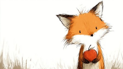 Fototapeta premium Charming Cartoon of a Sneaky Fox Holding a Stolen Fruit in the Forest
