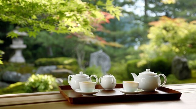 Elegant Porcelain Teapots and Teacups on Tray