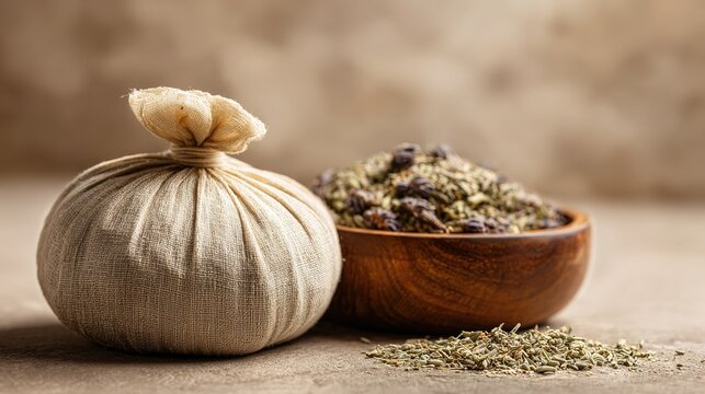 Herbal poultice linen wrap with dried herb wooden bowl, natural healing concept, soft warm golden light, shallow depth fine texture, earthy background, professional still life stock