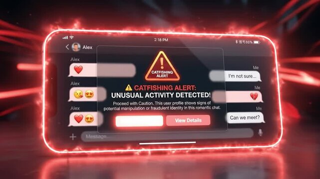 Catfishing alert warning on smartphone chat messages showing unusual activity detected with online dating fraud and identity risks, caution advised for potential fraudulent message interaction