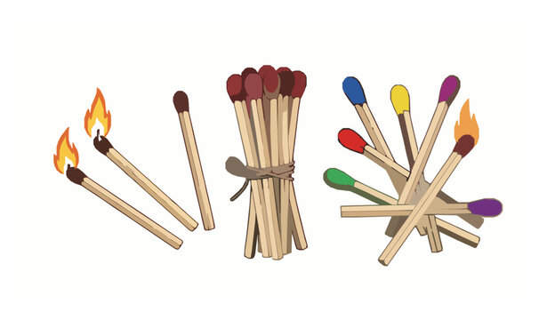 Hunting and colored nitre matchsticks vector icons for fire and survival