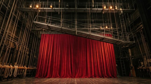 A grand crimson velvet stage curtain in a traditional theater with overhead rigging and wooden floorboards