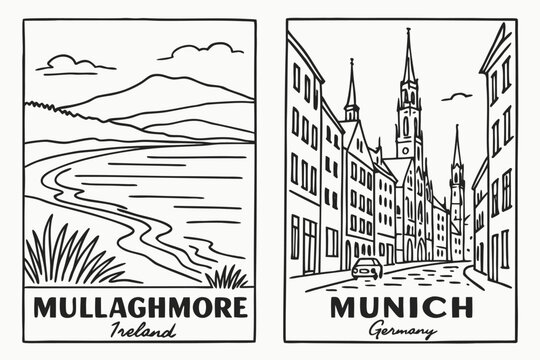 A charming vector illustration showcasing two distinct European travel destinations: Mullaghmore, Ireland, and Munich, Germany, in a minimalist flat design.