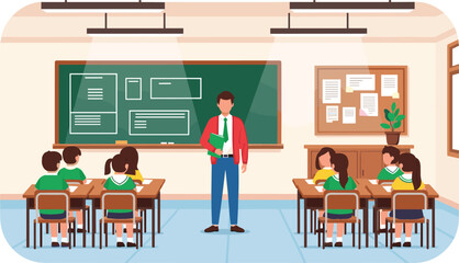 Male teacher standing in front of chalkboard with students sitting at desks in a modern classroom for elementary school education © NURUL