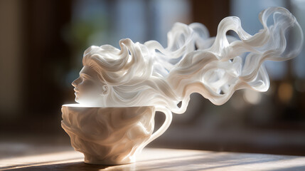 White porcelain coffee cup with artistic steam shaped like a woman face