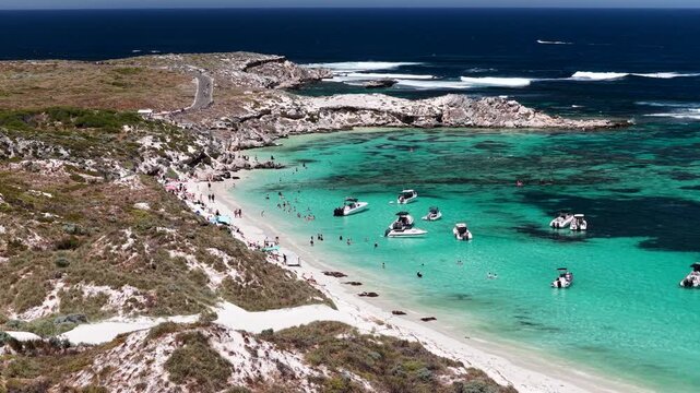 Salmon Bay Rottnest Island Turquoise Ocean White Sand Beach Boats Perth WA 4k