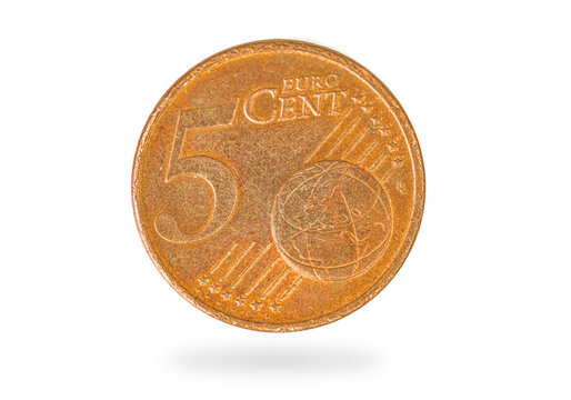 Five euro cent coin closeup on white background