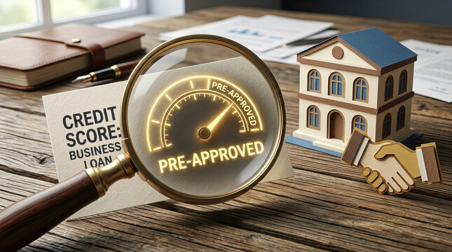 Pre approved credit score business loan concept with magnifying glass, house model, and handshake on wooden table, symbolizing financial approval and agreement