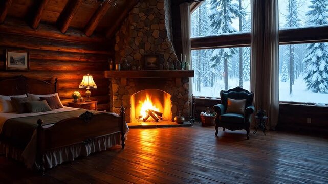 Cozy cabin bedroom with fireplace and snowy view