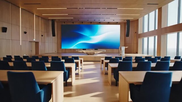 Modern conference room with large screen and seating arrangement