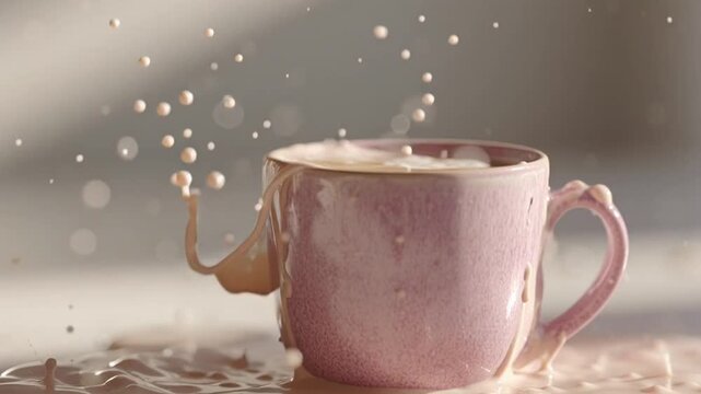 Coffee foam overflowing from a pink ceramic cup and spilling onto a tabletop, creating a messy beverage accident scene with soft studio lighting and realistic liquid motion.