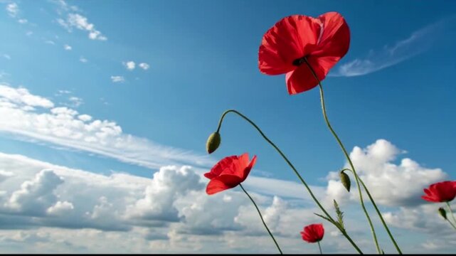 Two red poppy flowers on long green stems on a clear blue sky with soft white clouds. Minimalist natural composition with copy space, symbolizing summer, freedom, remembrance, and nature.