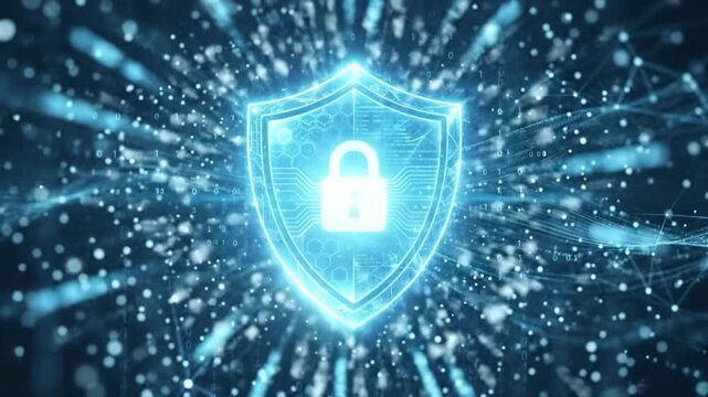 Digital security data protection cybersecurity shield icon glowing lock technology network safety encryption firewall information secure connection binary code internet system access abstract blue