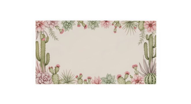 Cactus and succulent floral border frame with pink flowers and green leaves on beige background transparent background
