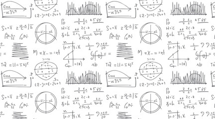 Fototapeta premium Handwritten mathematical equations and graphs on a white background with a seamless pattern of scientific formulas and diagrams