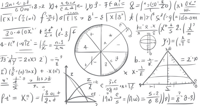 Hand drawn mathematical equations and geometric shapes on white background mathematics formula 1 science