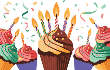 Birthday celebration cupcakes lit candles colorful confetti festive background