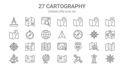 27 Cartography and Navigation Line Icon Set - Minimalist Vector Illustrations of Maps, Globes, Compasses, and GPS Travel Symbols for Web and Graphic Design © Quneza