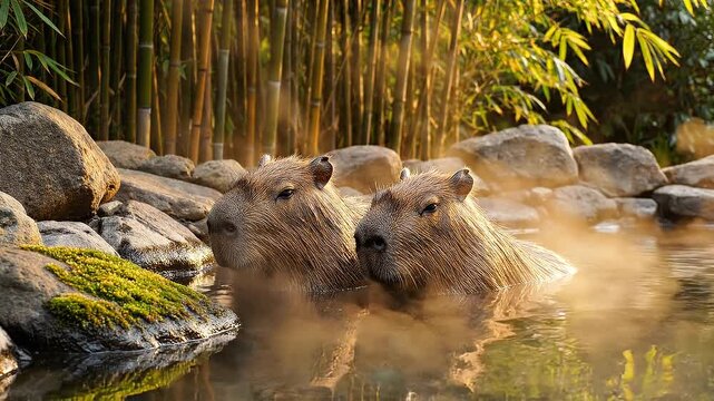 Two capybaras relaxing and soaking in a hot spring, surrounded by large rocks and bamboo, with a calm atmosphere. Perfect for wildlife, animal relaxation, and nature documentaries.