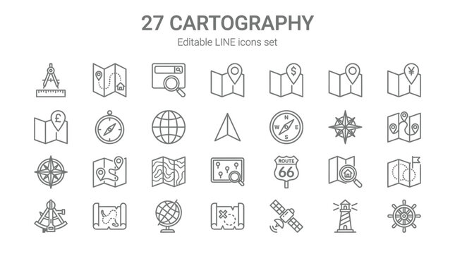 27 Cartography and Navigation Line Icon Set - Minimalist Vector Illustrations of Maps, Globes, Compasses, and GPS Travel Symbols for Web and Graphic Design