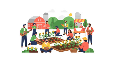 Fototapeta premium Diverse Group of People Gardening, Planting, and Harvesting Crops at a Community Farm or Urban Garden with a Local Market Stand