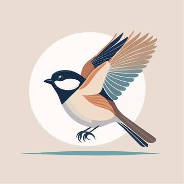 Charming chickadee in flight, captured in a whimsical illustration with muted tones