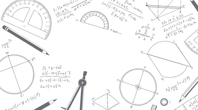 Geometric shapes and mathematical equations with tools on a white background geometry mathematics education