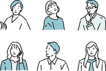 ビジネスパーソンの男女アバター上半身ーオシャレシンプル線画アイコンセットベクターイラスト素材