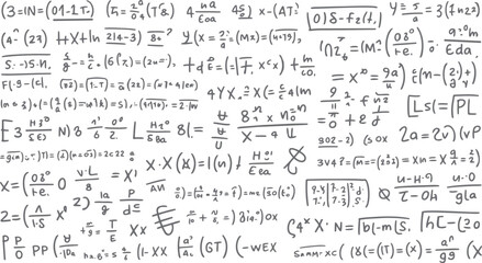 Hand drawn mathematical equations and formulas on a white background with grey ink mathematics science