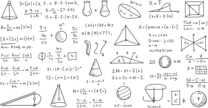 Hand drawn mathematical equations and geometric shapes on white background mathematics formula 4 geometry