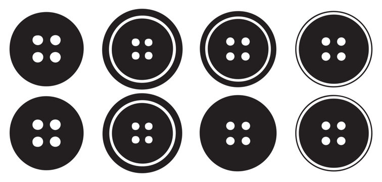 Round black sewing buttons icon set, classic clothing fasteners silhouette. vector illustration eps 10