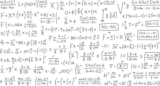 Hand drawn mathematical equations and formulas on a white background mathematics science