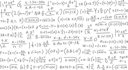 Handwritten mathematical equations and formulas in grey ink on white background with various symbols and variables