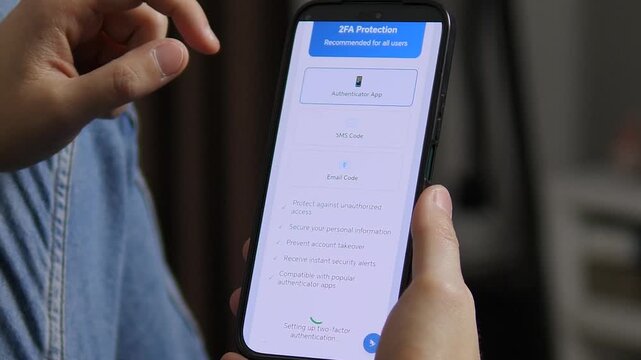 User enables two factor authentication on smartphone, choosing secure verification method and activating advanced protection. Modern cybersecurity concept for fintech apps, online banking and digital
