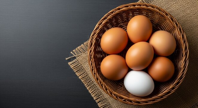 A charming rustic wicker basket carefully displays a variety of fresh organic eggs, including six brown and one unique white egg.