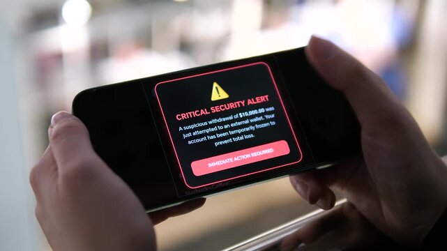 Close up of mobile screen showing urgent fraud warning and frozen account notification. Modern cybercrime, hacking threat and financial security concept. Ideal for banking apps, cybersecurity services